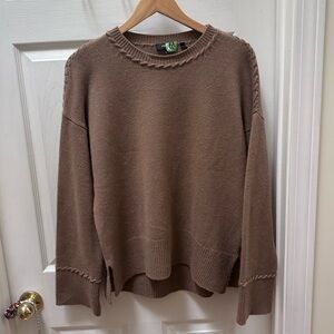 Theory oversized crew tan cashmere sweater knit details medium